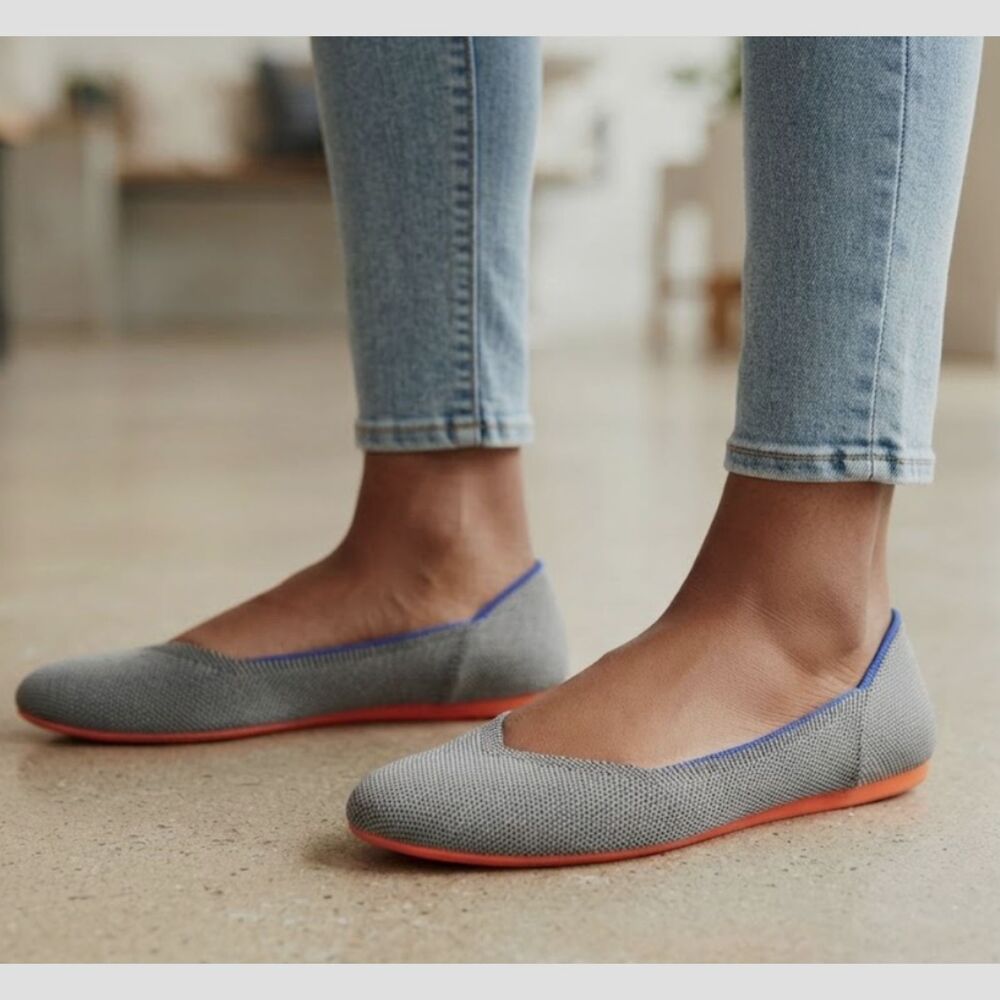 ~ Rothy's Herringbone 10.5 The Flat Washable Gray Navy Round Toe Ballet Flats - Picture 3 of 9